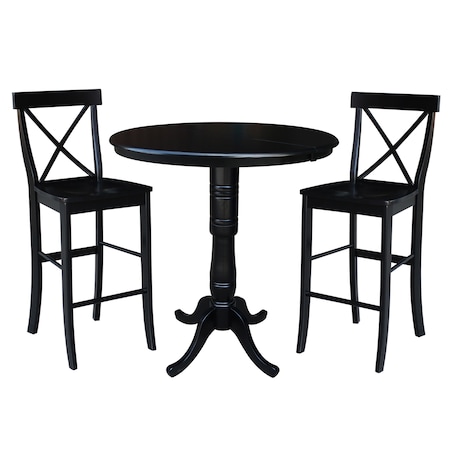 International Concepts Round 36 in Rd Extension Dining Table 40.9 inH, 2 X-Back Bar Height Stools, Black, 36 in W, 48 in L K46-36RXT-S6133-2